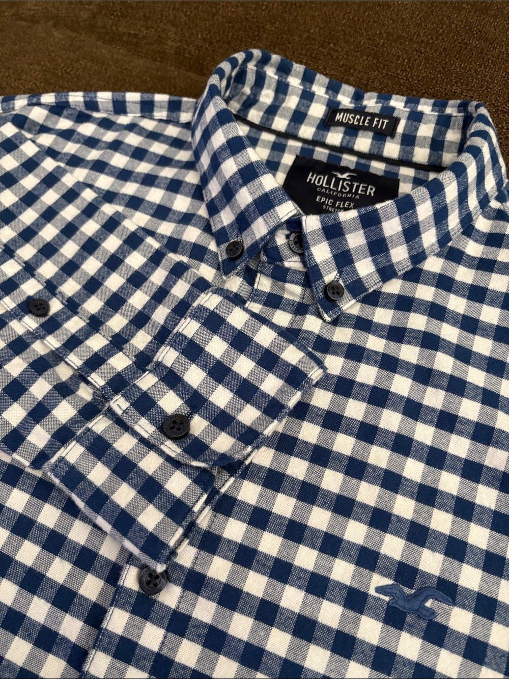 Hollister California Navy and White Gingham Button-Down Shirt. Size L Flannel